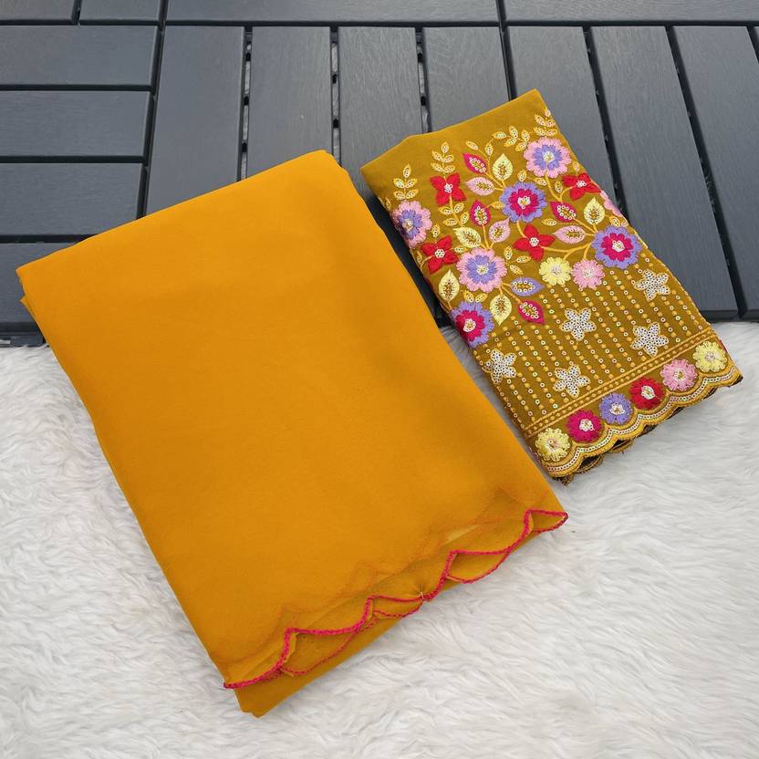 Radiant Mustard Yellow Georgette Saree with Scalloped Border