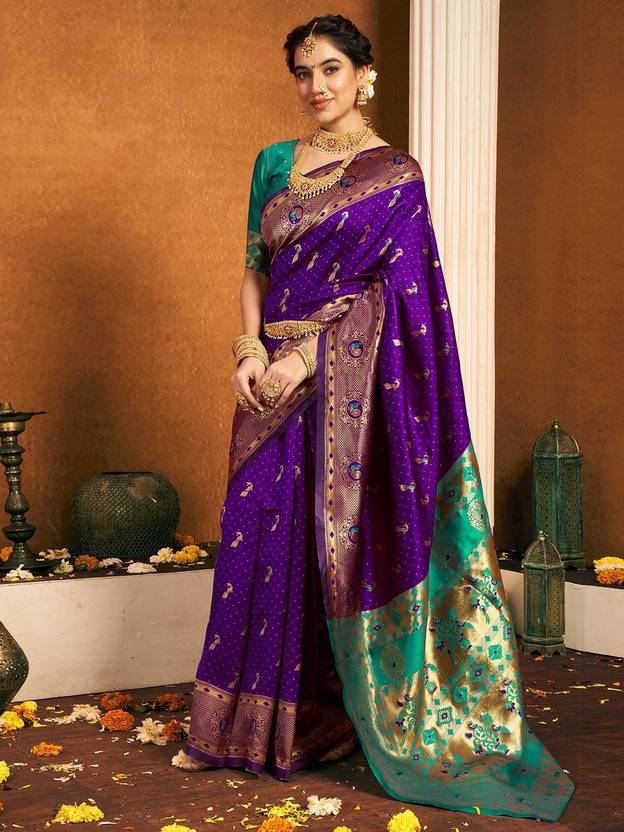 Royal Purple Silk Saree with Peacock Motifs and Contrast Pallu