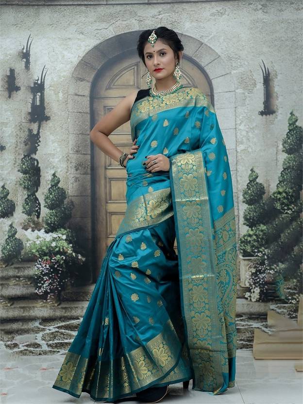 Teal Blue Silk Saree with Rich Gold Zari Weave