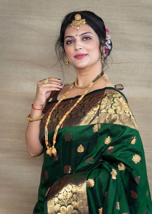 Emerald Green Silk Saree with Antique Gold Zari Border