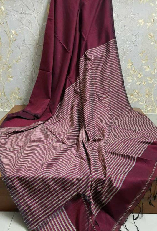 Classic Wine Maroon Saree with Striped Textured Pallu