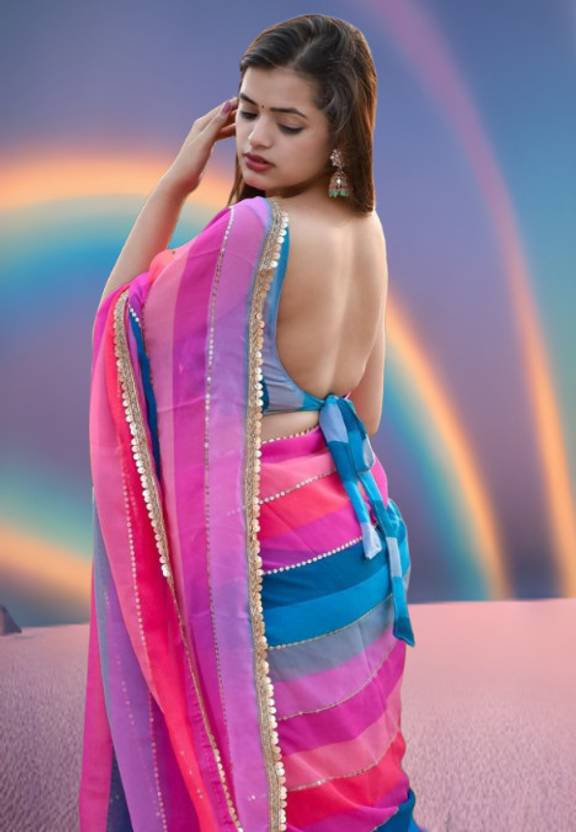 Vibrant Multicolor Striped Saree with Delicate Pearl Border
