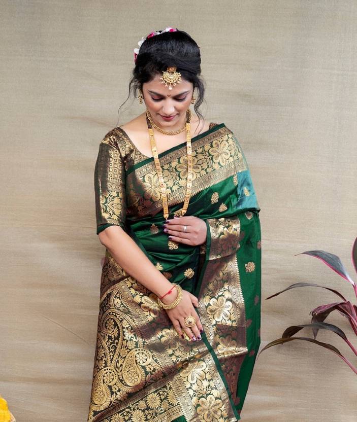 Emerald Green Silk Saree with Antique Gold Zari Border