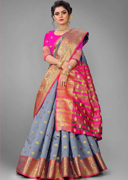 Elegant Steel Grey Silk Saree with Vibrant Pink and Gold Zari Border