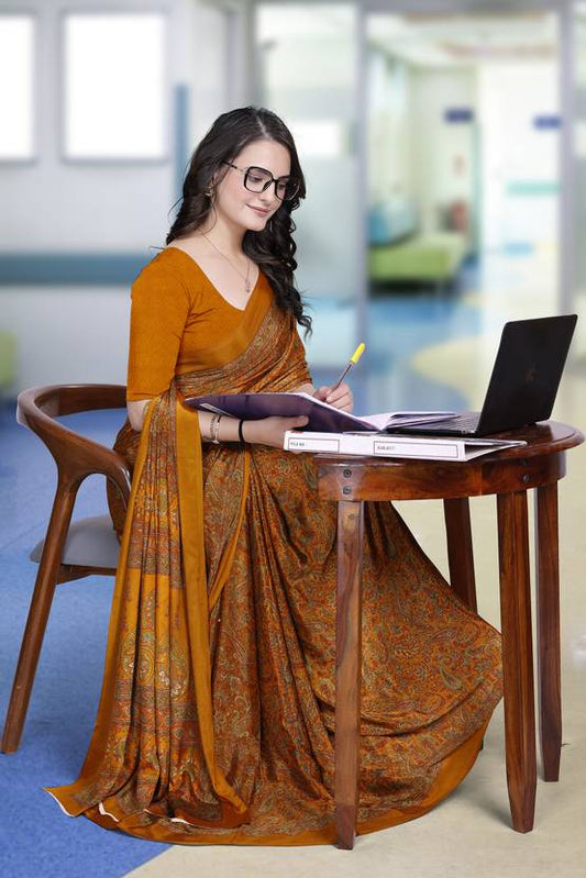 Elegant Rust Brown Printed Saree with Traditional Charm