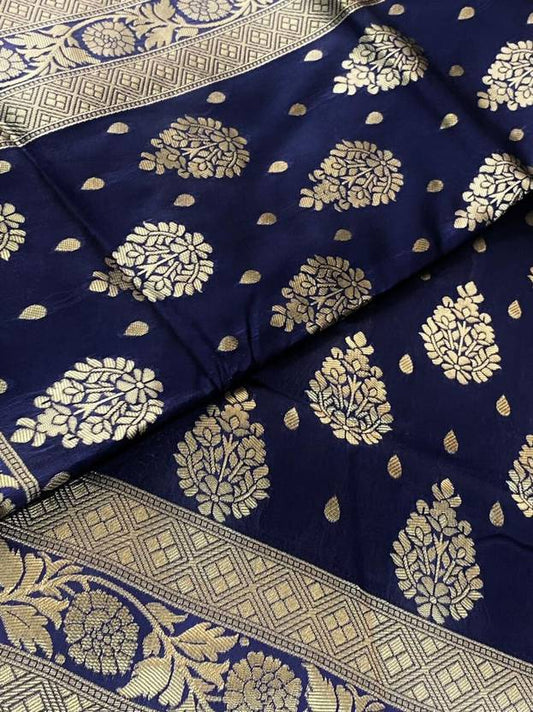Royal Navy Blue Silk Saree with Gold Zari Floral Weave