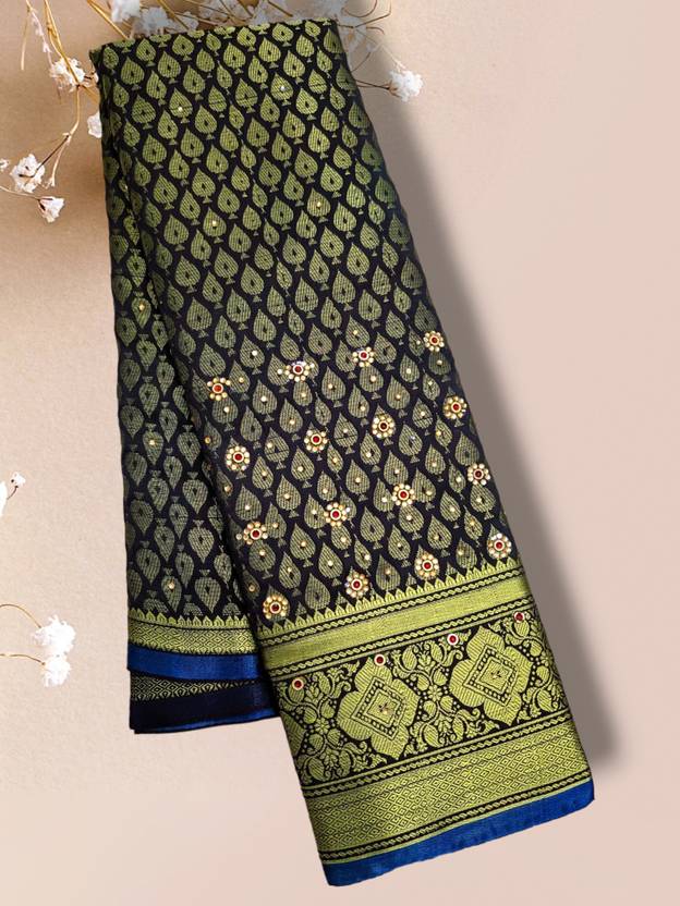 The Forest Green & Prussian Blue Embroidered Banarasi Silk Saree