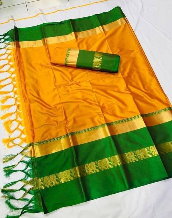 The Ochre & Royal Purple Art Silk Saree with Elephant Motifs