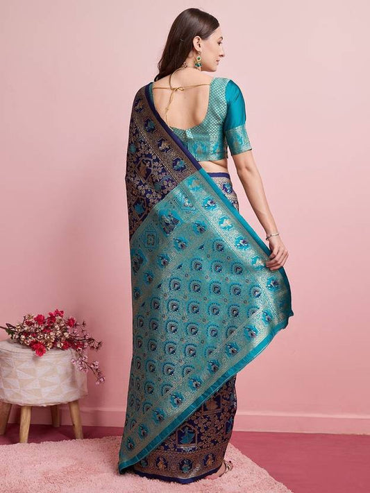 ✨ Midnight Blue & Teal Banarasi Silk Saree