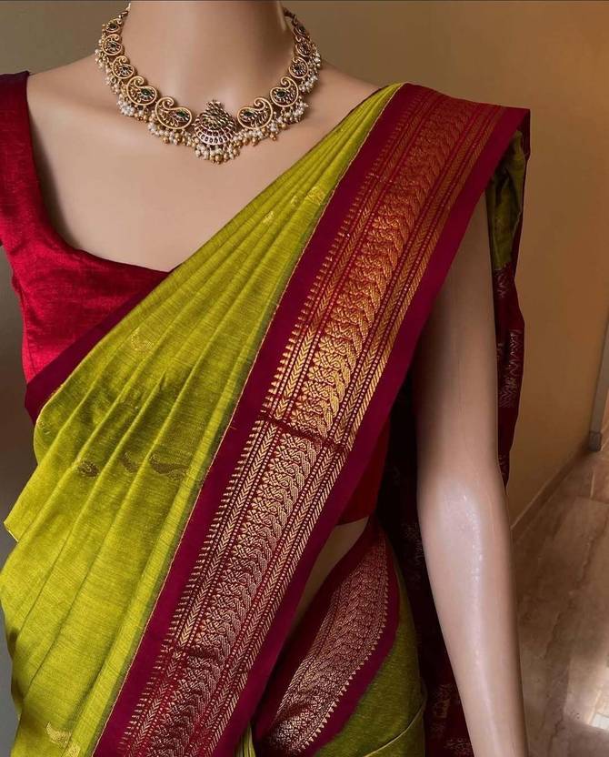 Chartreuse Green and Deep Crimson Silk Saree with Traditional Zari Border
