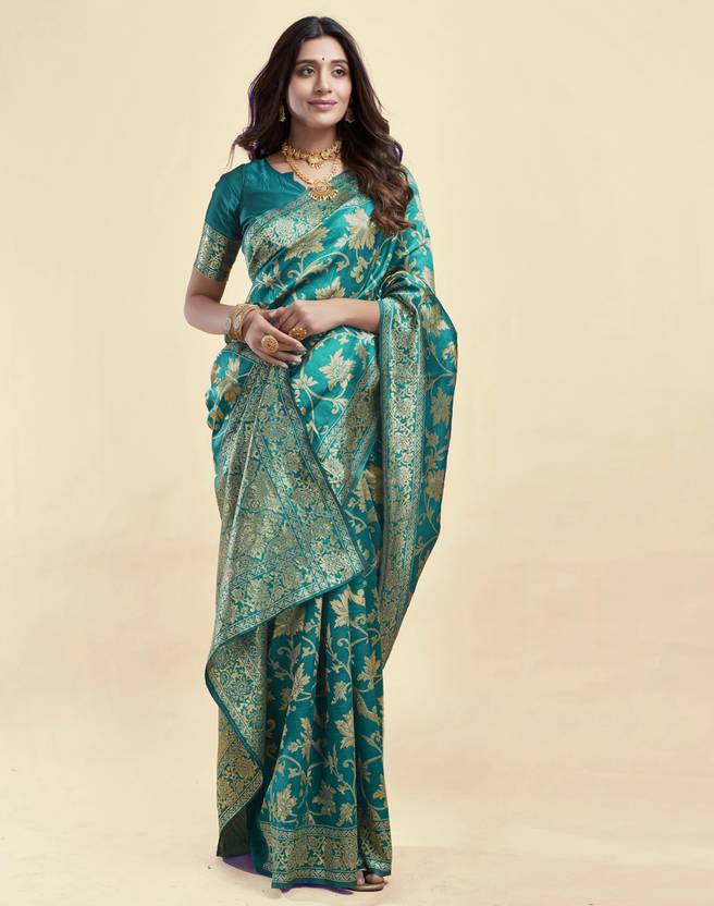 Ethereal Teal Banarasi Silk Saree with Antique Gold Floral Jaal and Intricate Pallu