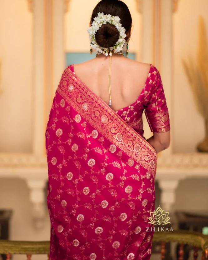 Regal Maroon Banarasi Silk Saree with Geometric Zari Jaal and Contrast Green Blouse