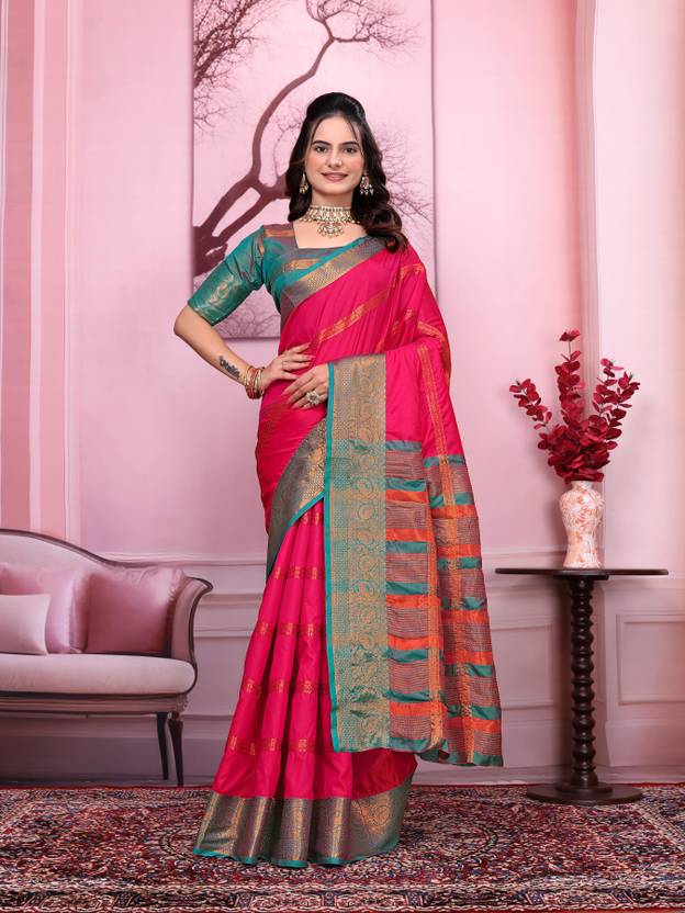 Royal Pink Silk Saree with Teal Green and Gold Zari Border