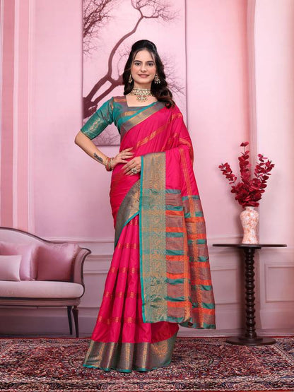 Royal Pink Silk Saree with Teal Green and Gold Zari Border