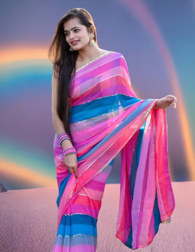 Vibrant Multicolor Striped Saree with Delicate Pearl Border