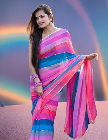 Vibrant Multicolor Striped Saree with Delicate Pearl Border