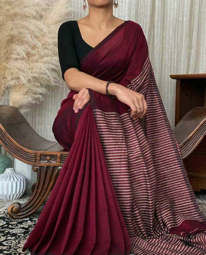 Classic Wine Maroon Saree with Striped Textured Pallu