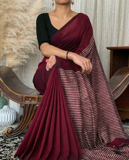Classic Wine Maroon Saree with Striped Textured Pallu