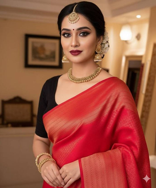 Classic Red Silk Saree with Subtle Golden Woven Texture