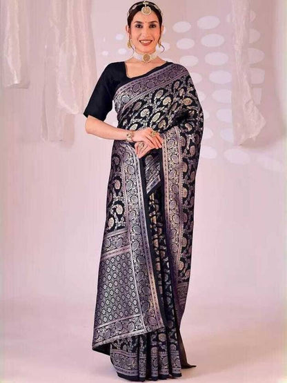 Regal Black Banarasi Silk Saree with Intricate Gold Zari Weaving