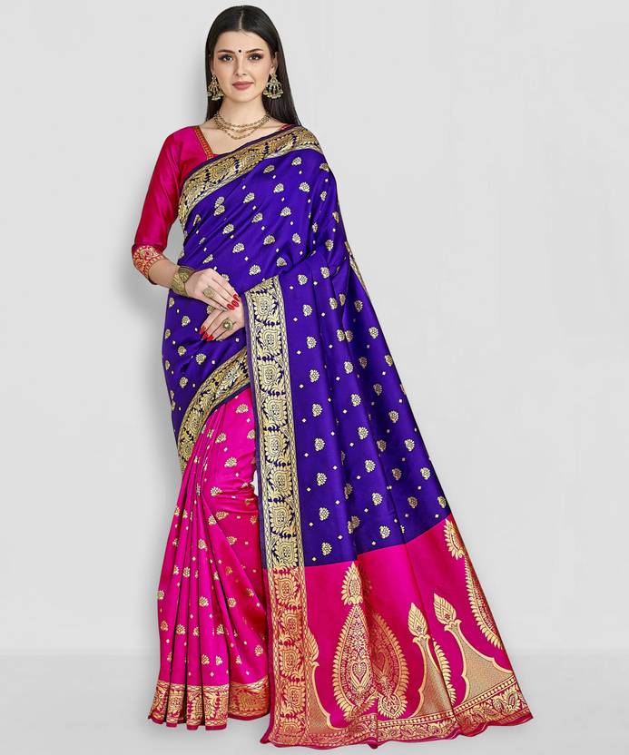 Royal Blue and Magenta Silk Saree with Rich Gold Zari Work