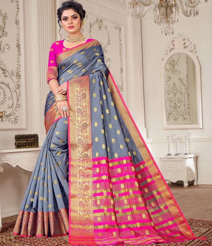 Elegant Steel Grey Silk Saree with Vibrant Pink and Gold Zari Border