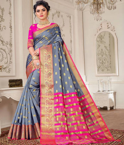 Elegant Steel Grey Silk Saree with Vibrant Pink and Gold Zari Border