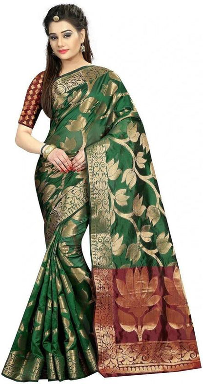 Classic Green Silk Saree with Rich Gold Floral Zari Work