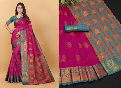 Royal Magenta Silk Saree with Teal Blue and Gold Zari Accents