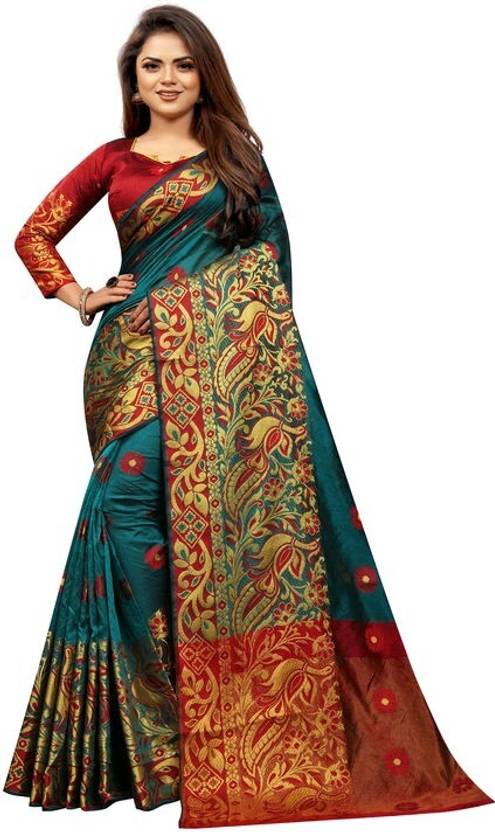 Teal Green Silk Saree with Rich Multicolor Traditional Print