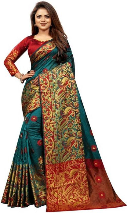 Teal Green Silk Saree with Rich Multicolor Traditional Print