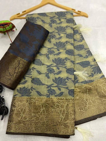 Elegant Beige Floral Silk Saree with Rich Gold Zari Border