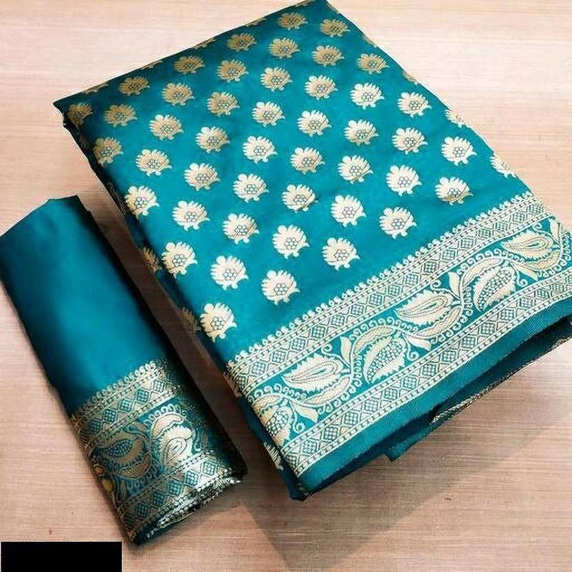 Elegant Teal Blue Silk Saree with Gold Zari Butta & Ornate Border