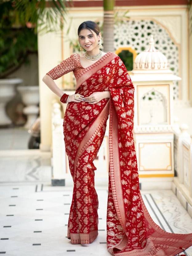 Classic Red Floral Silk Saree with Golden Border
