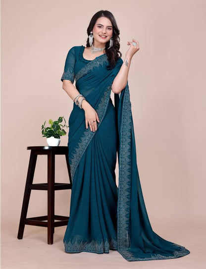 Teal Blue Saree with Delicate Lace Border