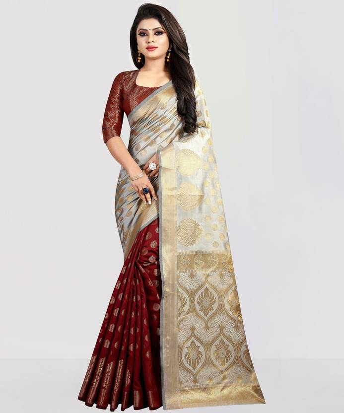 Elegant Beige & Maroon Banarasi Silk Saree with Gold Zari Border