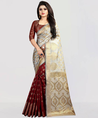Elegant Beige & Maroon Banarasi Silk Saree with Gold Zari Border