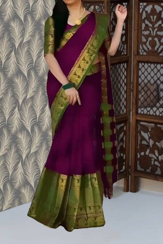 Elegant Purple & Olive Green Silk Saree with Traditional Zari Border