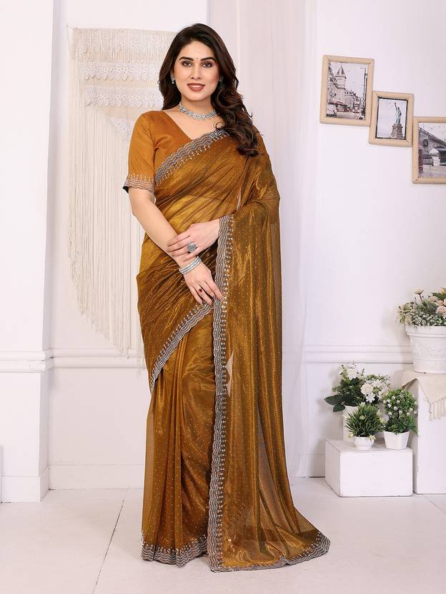 Elegant Golden Brown Shimmer Saree with Silver Lace Border