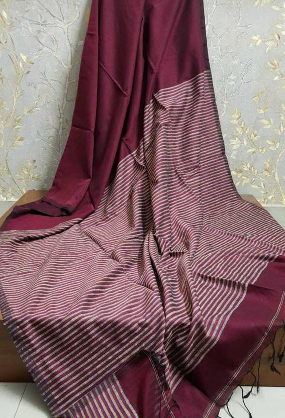 Classic Wine Maroon Saree with Striped Textured Pallu