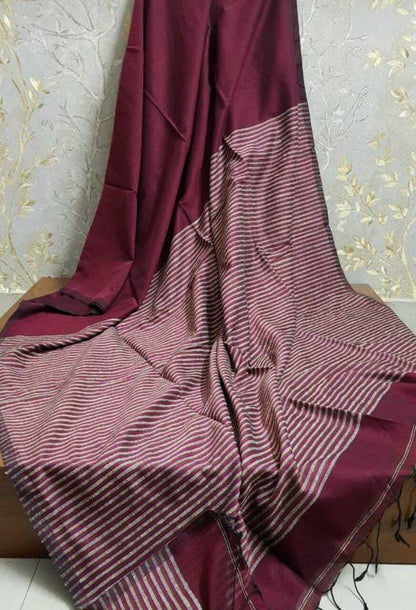 Classic Wine Maroon Saree with Striped Textured Pallu