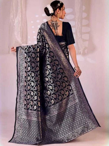 Regal Black Banarasi Silk Saree with Intricate Gold Zari Weaving
