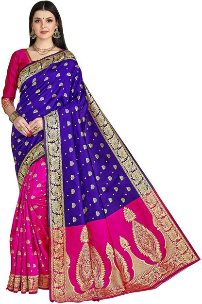 Royal Blue and Magenta Silk Saree with Rich Gold Zari Work