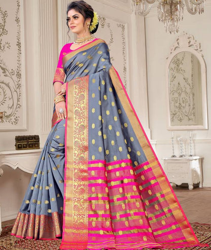 Elegant Steel Grey Silk Saree with Vibrant Pink and Gold Zari Border