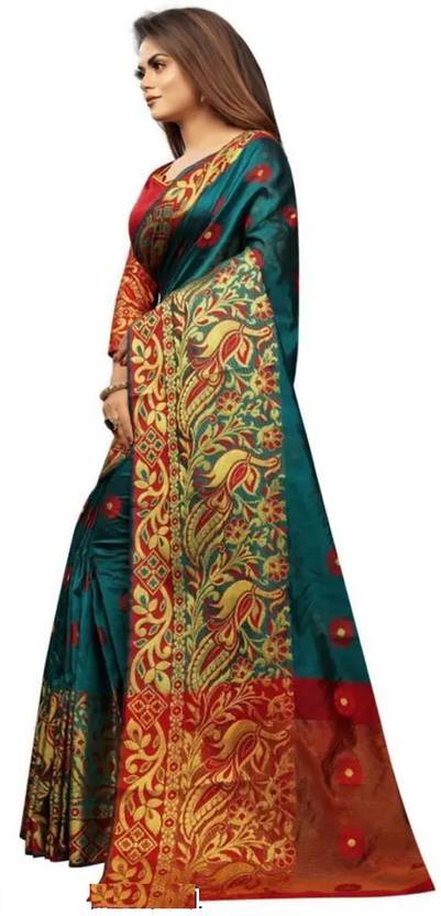 Teal Green Silk Saree with Rich Multicolor Traditional Print