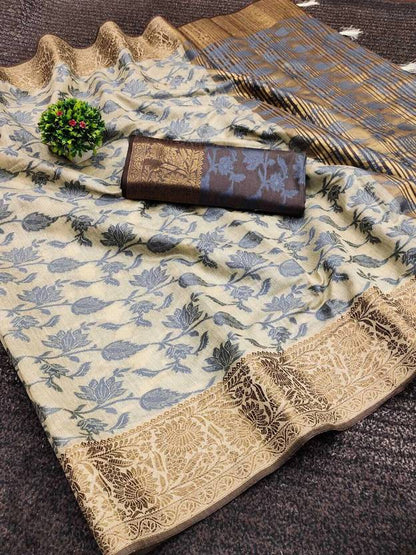 Elegant Beige Floral Silk Saree with Rich Gold Zari Border