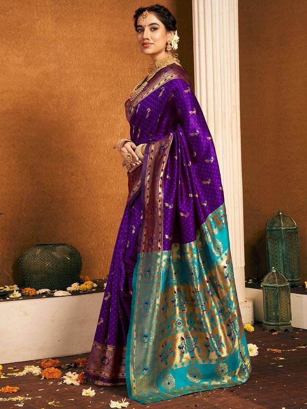 Royal Purple Silk Saree with Peacock Motifs and Contrast Pallu
