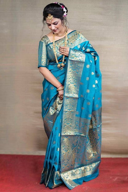 Teal Blue Silk Saree with Rich Gold Zari Weave