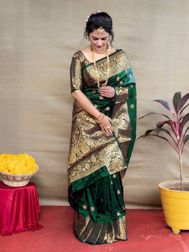 Emerald Green Silk Saree with Antique Gold Zari Border