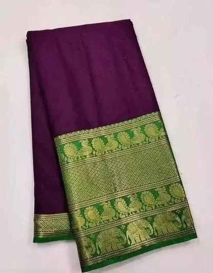 Elegant Purple & Olive Green Silk Saree with Traditional Zari Border